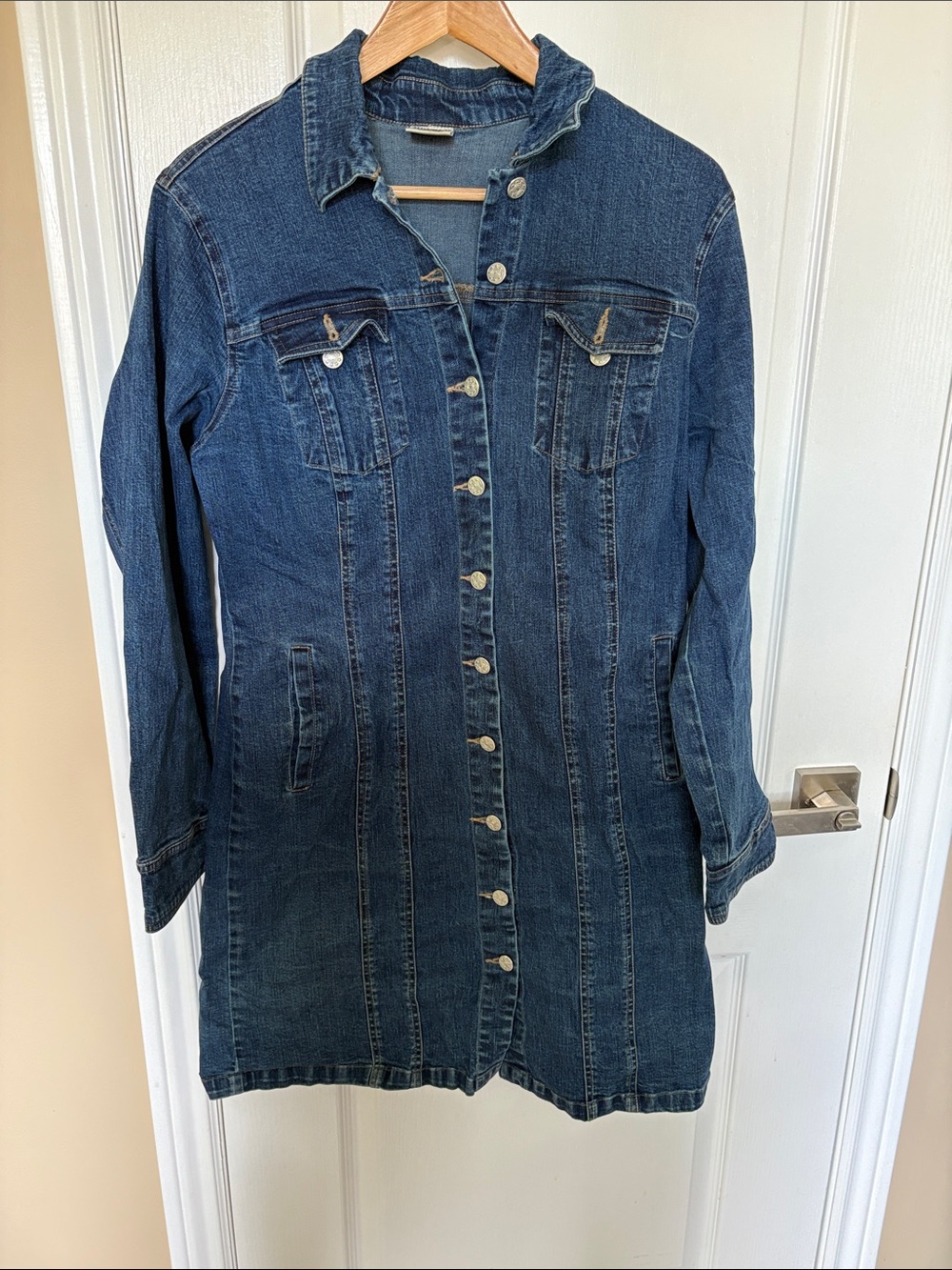 Long Button-Front Denim Dress - Dark Blue